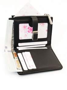 Dompet Pendek Wanita Gaya Vintage PU Motif Leopard Penutup Jepret Tempat Kartu Multifungsi Kapasitas Besar Pengatur ID - Hitam - View 2