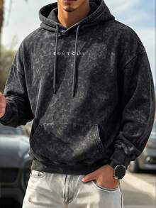 High Street Washed Distressed Men's DON'TCARE Text Print Loose Drawstring Hooded Sweatshirt - Dark Grey - View 1