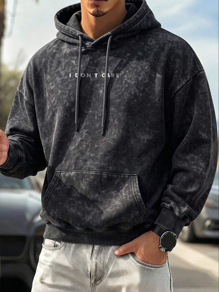 High Street Washed Distressed Men's DON'TCARE Text Print Loose Drawstring Hooded Sweatshirt - Dark Grey - View 1