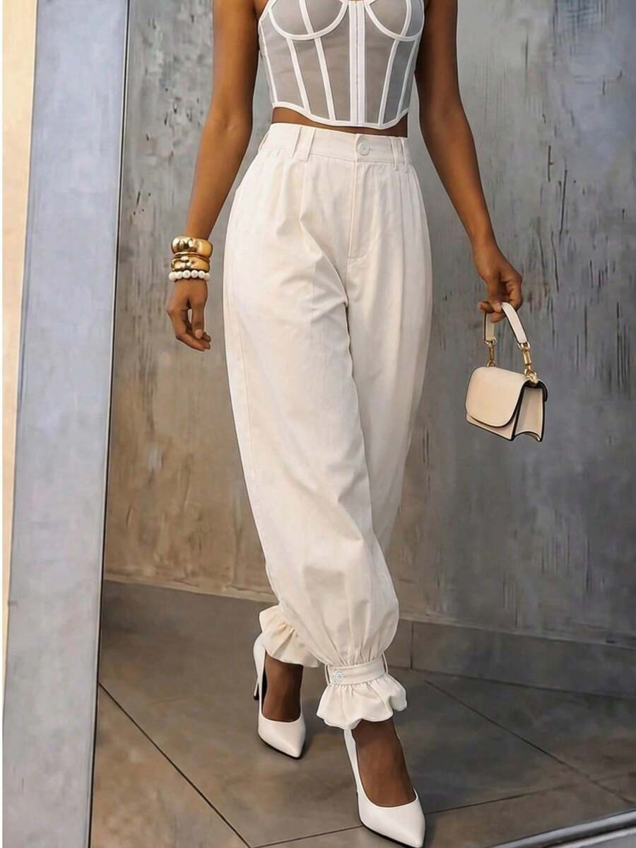 Fashion Women's Long Polyester Wide Leg Joggers With Button And Zipper Details, Suitable For Holiday Wear - Apricot - View 1