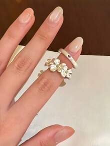 2pcs/Set Gentle Floral Double Layer Rings, Vintage Color-Block Small Flower Open Rings, Atmospheric Women's Stackable Finger Rings Accessories - Silver - View 2