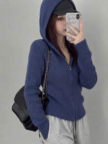 Women's New Knit Hooded Zip-Up Cardigan, Short Length Long Sleeve, Suitable For Autumn/Winter Wear - Blue - View 3
