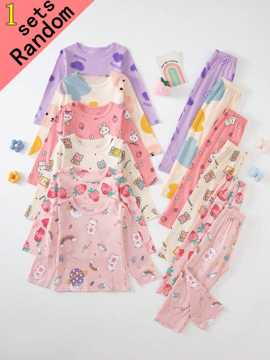 6 Sets 1 Set Random Girls Pajamas Cartoon Print Long Sleeve Long Pants Home Wear All-Over Print Set - Multicolor - View 1