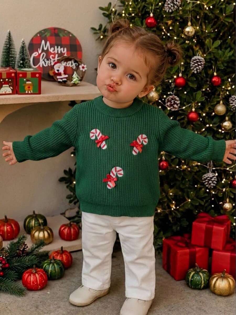 Girls Cute Christmas Gift Embroidered Round Neck Long Sleeve Knit Pullover Sweater Suitable For Christmas, Daily, Party, Spring, Autumn, Winter - Green - View 1