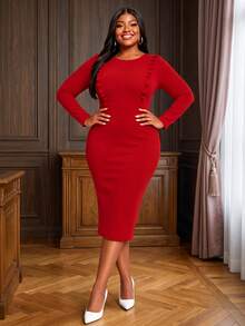 NOU Women's Mid-Length Fitted Dress, Round Neck, Long Sleeve, Double-Layer Ruffle Front, Stretchy Fabric, Comfortable And Non-Restrictive - Red - View 3