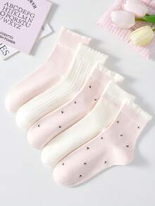 4 Pairs Women's Cute Sweet Breathable Floral Striped Embossed Lace Pattern Mid-Calf Socks Ankle Socks Casual Comfortable Preppy Student Socks Pink Socks White Socks Fashionable Comfortable Random Color Suitable For Daily Wear Spring Summer Autumn Winter All Seasons - Multicolor - View 9