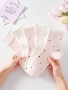 4 Pairs Women's Cute Sweet Breathable Floral Striped Embossed Lace Pattern Mid-Calf Socks Ankle Socks Casual Comfortable Preppy Student Socks Pink Socks White Socks Fashionable Comfortable Random Color Suitable For Daily Wear Spring Summer Autumn Winter All Seasons - Multicolor - View 2