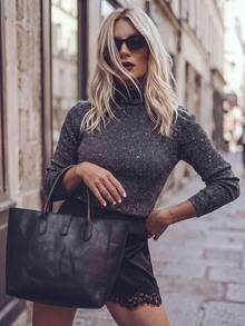 Sweater Turtleneck Bergaris Berkilau Berpayet untuk Wanita, Atasan Rajut Lengan Panjang Slim Fit, Hitam - Hitam - View 10