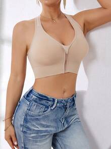 Sujetador deportivo sin costuras y con cremallera frontal de alta intensidad para mujer, adecuado para primavera, verano, otoño e invierno - Champán - Ver 8
