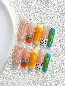 秋季 10片/組 手工穿戴式美甲，波點橘色凝膠美甲藝術套組，甜美俏皮少女風，3種尺寸可選：杏仁/鴨嘴/棺材形，適合派對、跳舞、日常配戴（手工細節可能有所不同） - 彩色 - 查看 14