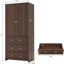 71" Tall Wardrobe Closet With Mirror, 2 Doors, 3 Drawers And Removable Clothes Rail, Freestanding Armoire Clothes Storage Cabinet With Makeup Vanity, Walnut - Walnut - View 3