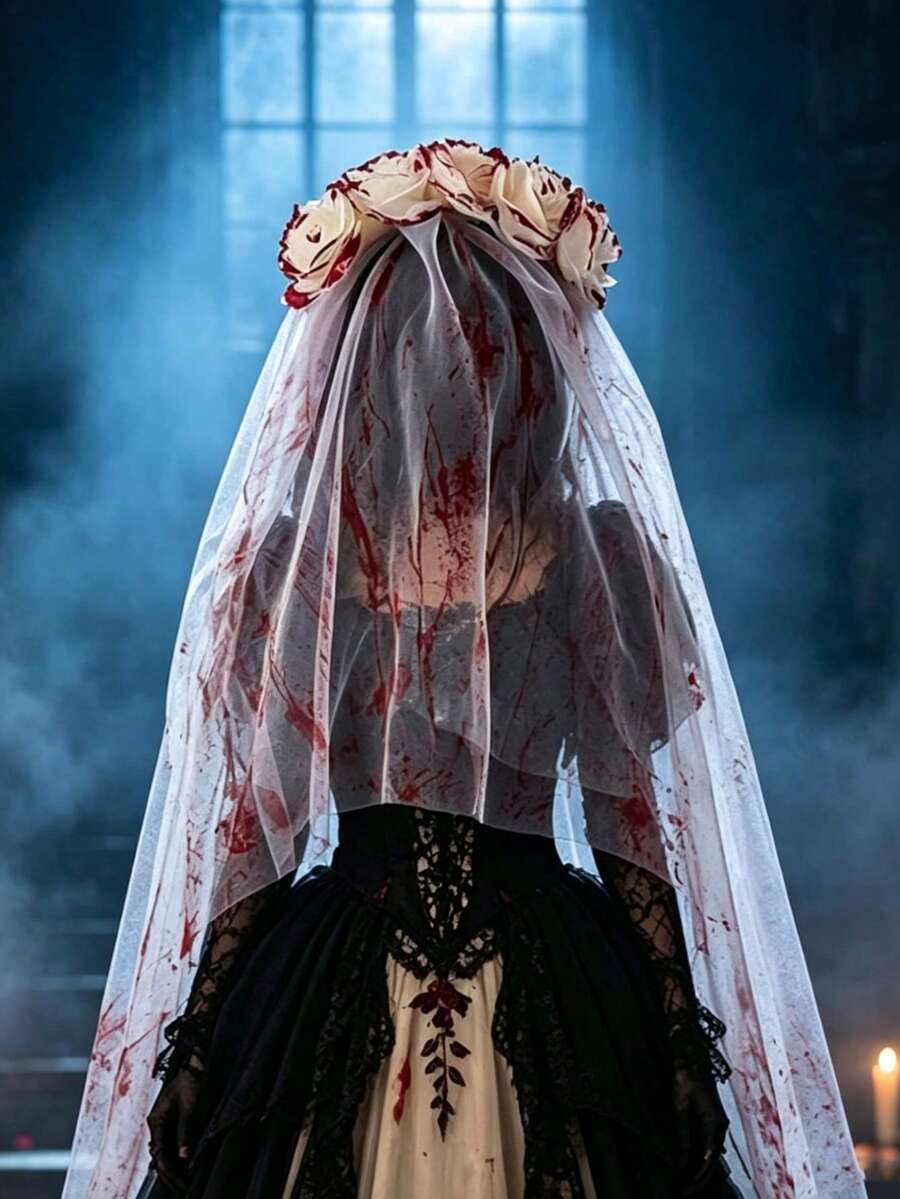 1pc Halloween Ghost Bride Bloody Rose Veil, Dark Style Floral Headpiece, Suitable For Halloween, Gothic Style, Holiday Party, Ball, Photo Prop - Multicolor - View 1