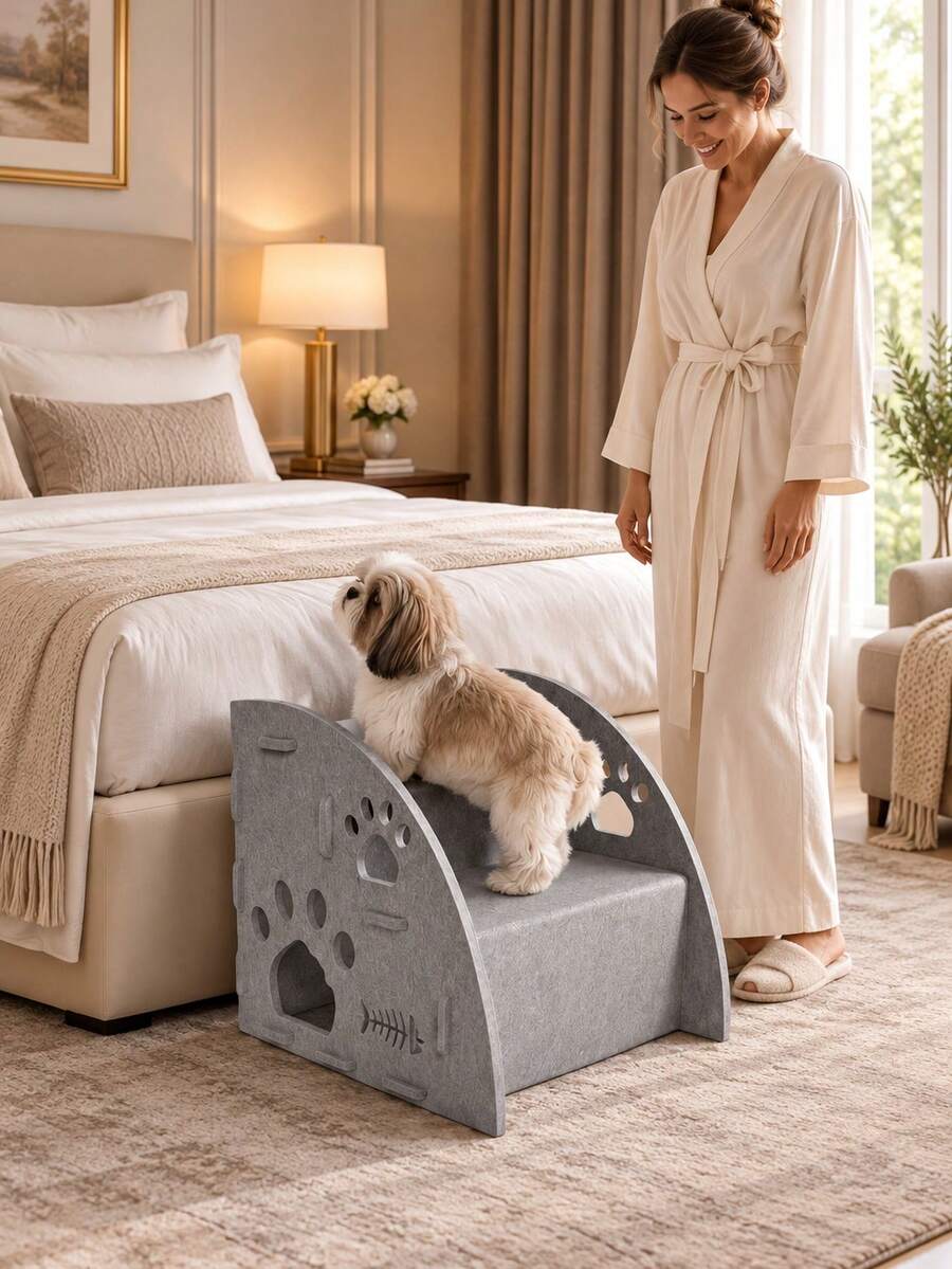 1pc Dog Bed And Sofa Steps, Grey Felt Pet Stairs With Paw Print Hollow Design, Suitable For Small Dogs, Senior Dogs And Short-Legged Dogs Indoor Climbing Aid - Multicolor - View 1