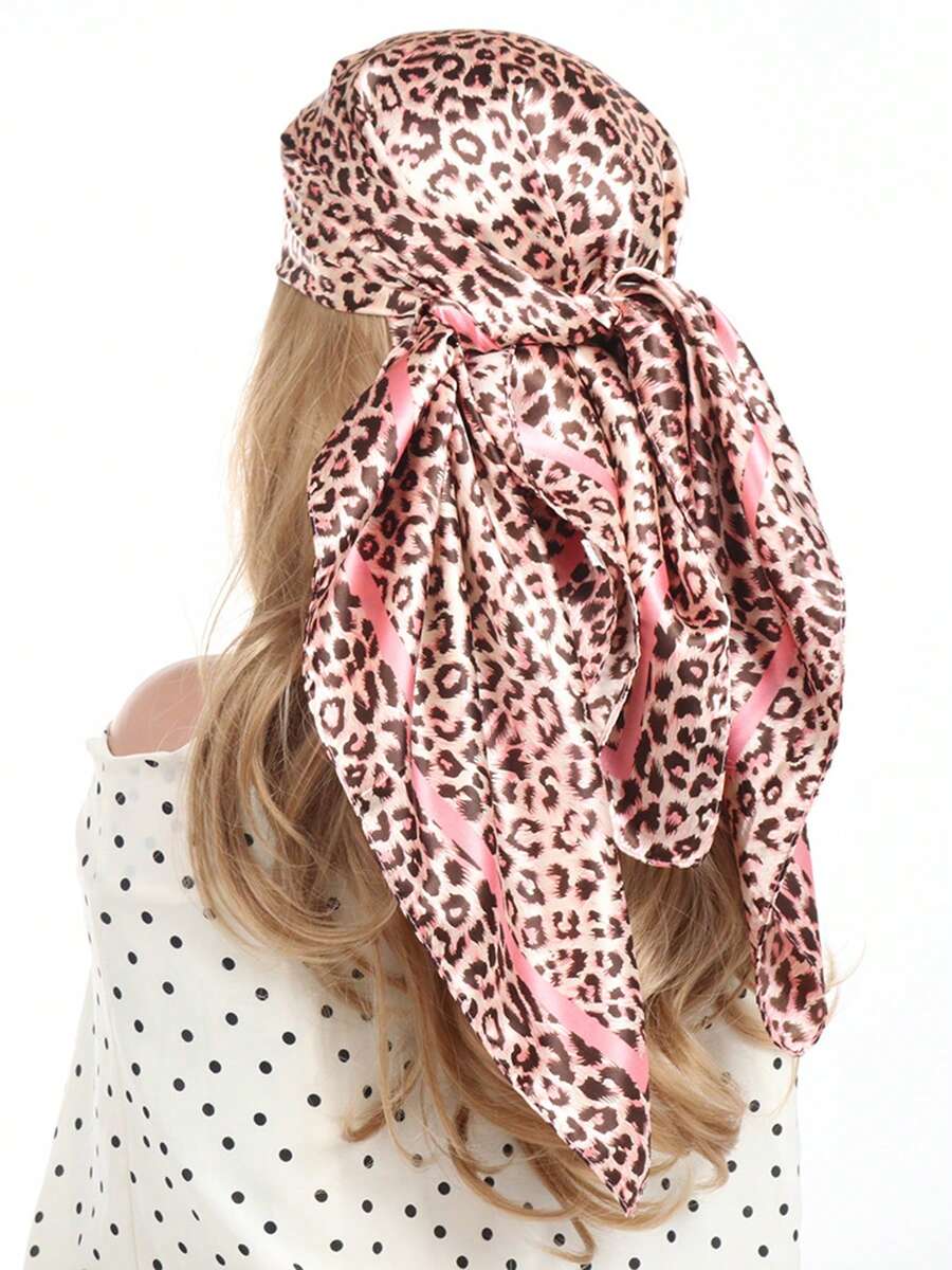 1件女款時尚豹紋90cm正方形方巾,百搭頭巾圍巾,適合四季穿搭,適用於禮服、海灘、度假 - 粉 - 查看 1