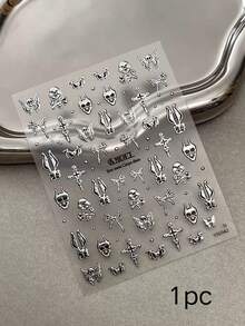 1pc Fall Autumn Embossed Skull Cross Rabbit Ear Halloween Demon Pattern Nail Stickers, Gold & Silver Colors For Autumn/Winter Vibes, Y2K Nail Salon Style Nail Art Accessories, Fingernail DIY Decoration - Multicolor - View 9
