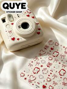 1 Set d'autocollants de style doux, beaux motifs romantiques de cœur rouge et de nœud, convient pour décorer les coques de téléphone, les appareils photo, les bouteilles d'eau et les accessoires électroniques - Autocollant nœud papillon cœur vintage rouge - Voir 2