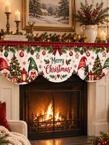 Christmas Fireplace Mantel Scarf, 2026,Red Green Buffalo Plaid Polyester Scalloped Valance With Merry Christmas Lettering Tree Lantern Gift Pine Garland Print, Rustic Holiday Fireplace Decor For Living Room - Multicolor - View 1