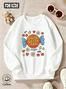 Vit sweatshirt med rund hals för flickor, topp med söt tecknad godis- och körsbärsdesign - Vitt - Visa 3