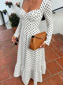 Marisole Women's Elegant Vintage Long Sleeve Slim Fit Polka Dot Ruffle Vacation Dress, Casual Daily Party Holiday Commuter Outing Dress, Fall Winter - Multicolor - View 5