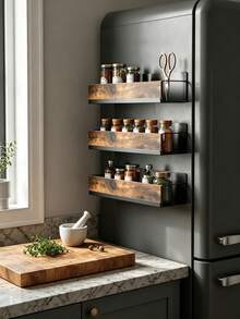Rustic Industrial Magnetic Refrigerator Storage Rack, Detachable No-Drill Side Organizer, Vintage Wood + Heavy-Duty Metal Kitchen Spice Rack, Space-Saving Spice, Towel And Tool Storage Shelf - Multicolor - View 2