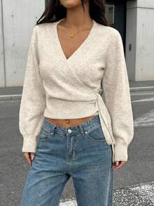 Women's Plus Size Knitted Wrap V-Neck Pullover Sweater With Tie Waist, Long Regular Sleeves, Slight Stretch Soft For Fall Outfits - Khaki - View 4