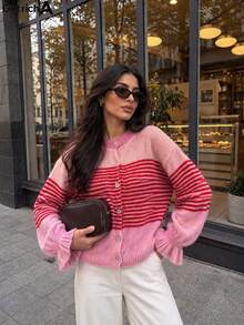 Women's Autumn/Winter New Knitted Cardigan, Pink Striped Patchwork, Round Neck Single-Breasted, Ruffle Cuff Design, Casual Elegant Sweet Style, Suitable For Daily Wear, School, Vacation - Multicolor - View 3