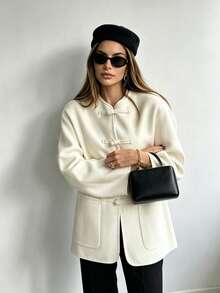 Women's Wool Blend Jacket, New Chinese Style Frog Button Cream White Loose Fit With Pockets, Elegant Elegant, Suitable For Commuting/Holiday/Office - White - View 7