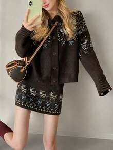 Women's Sweater Cardigan Jacket And Skirt Set, Fair Isle Deer Pattern Winter Outfit - Coffee Brown - View 4