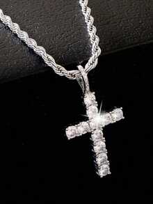 1pc Men's Stainless Steel Cross Pendant Necklace With Twist Chain, Hip Hop Rap Rock Style, Rhinestone Fashion Jewelry - Multicolor - View 9