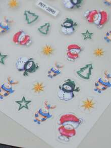 1pc Cute Cartoon Snowman & Bear Nail Stickers, Hollow Christmas Tree, Star & Reindeer Nail Decals, Christmas Theme, Shiny Surface, Asymmetrical Shape, Soft & Cute Style, Suitable For Holiday Party & Daily Manicure - Multicolor - View 4