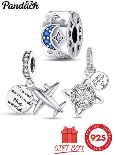 1 pieza Cuenta de plata de ley S925 con tema de cielo estrellado de viaje, cuenta hueca de estrella y luna azul, colgante de avión, colgante de nudo celta con strass, diseño grabado exquisito, viene con caja de regalo, adecuado para pulsera y collar, joyería DIY hecha a mano, accesorio romántico versátil de recuerdo de viaje