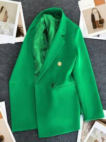 Spring/Summer Women's Solid Color Long Sleeve Double-Breasted Blazer, Notched Collar | Suitable For Dating, Parties, Outings And Holiday Celebrations - Emerald Green - View 2