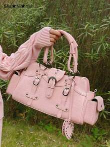Y2K Vintage Millennium Style Motorcycle Crocodile Embossed Square Rivet Handbag, Large Capacity Casual Multi-Pocket Sweet Cool Motorcycle Bag, Handheld Underarm Crossbody Bag (Free Heart Pendant) - Watermelon Pink - View 4