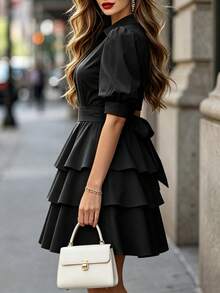 DONICY Women's Elegant Black Shirt Dress, Puff Sleeves With Layered Ruffles, French Style Suitable For Dating And Work - Black - View 8
