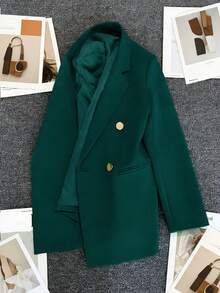 Spring/Summer Women's Solid Color Long Sleeve Double-Breasted Blazer, Notched Lapel | Suitable For Dates, Parties, Outings And Holiday Celebrations - Peacock Green - View 4
