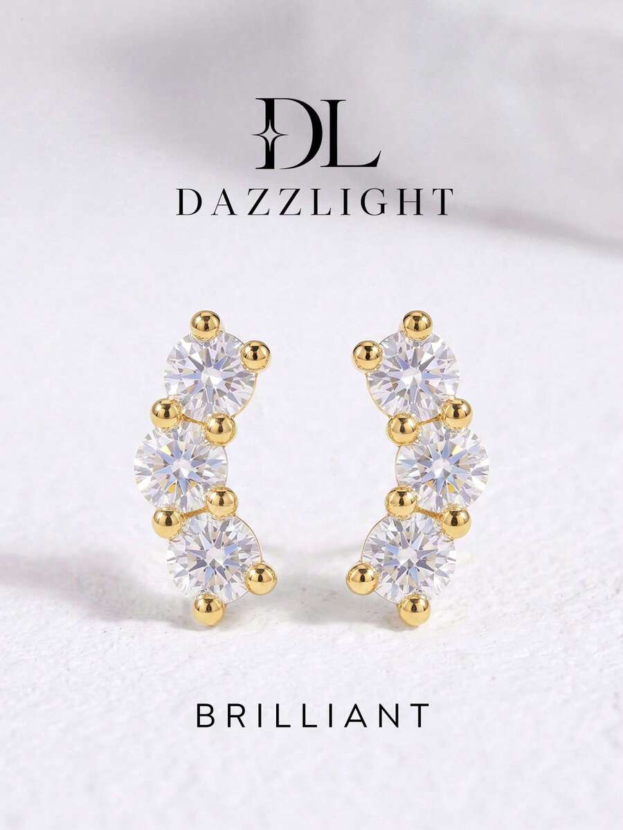 1 pièce Boucles d'oreilles à tige en moissanite, design classique symétrique à trois pierres, convient pour le port quotidien des femmes et les cadeaux - Boucles d'oreilles trois diamants et moissanite - Voir 1