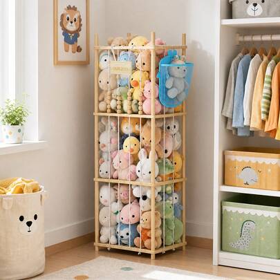 Scaffale in legno per peluche, 3 ripiani, torre porta peluche in tessuto naturale, contenitore per peluche per cameretta, scaffale per peluche, contenitore per giocattoli