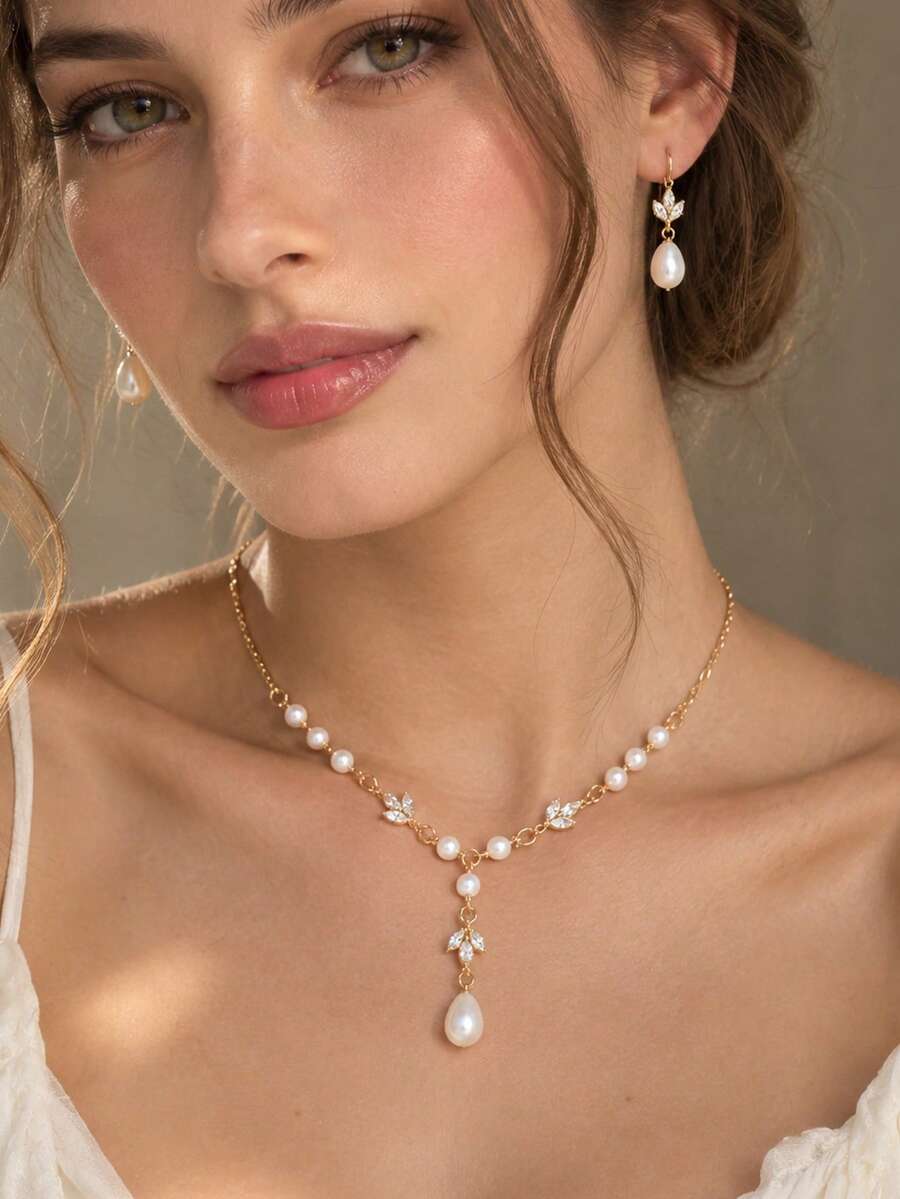 Juego de joyería de 3 piezas con mariposa, pedrería, gota de agua y perla, collar convertible con diseño frontal y posterior + pendientes colgantes, accesorios nupciales para boda - Cristales - Ver 1
