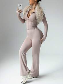 Women's Solid Color Long Sleeve Top And Fitted Sports Pants Set, Suitable For Fitness And Workout - Dusty Pink - View 5