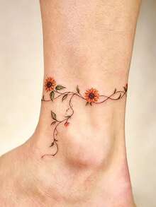 4pcs Temporary Tattoo Sticker, Vine Rose Sunflower Floral Branch Pattern, Realistic Fake Tattoo Design, For Daily Wear, Bachelorette Party Favors, Music Festival, Game, Graduation Gift, Lasts 3‑5 Days - Multicolor - View 4