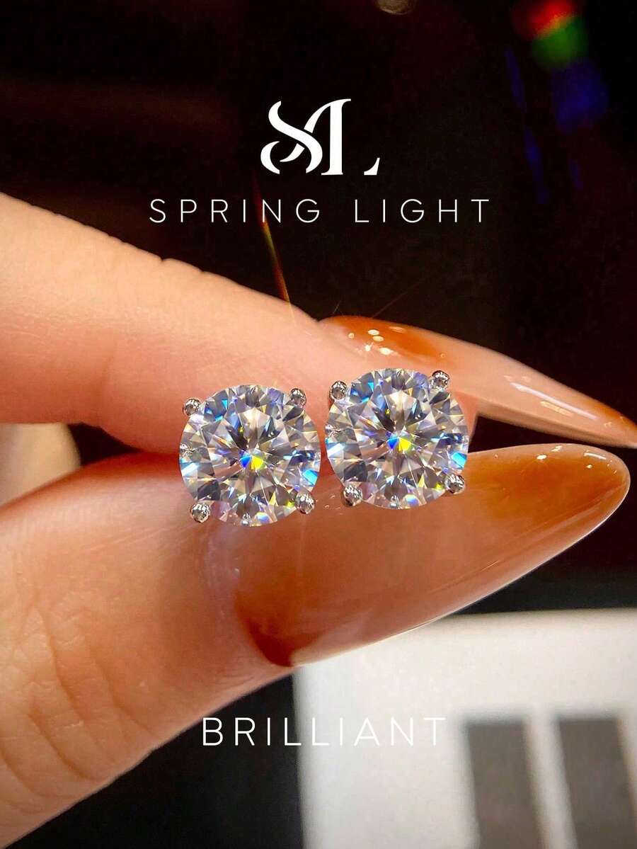 1 buah Anting Moissanite Klasik 1CT Anting Tusuk 4 Cakar Cocok untuk Pertunangan dan Pemakaian Sehari-hari Wanita