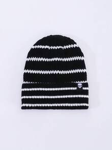 1pc Men's Fashion Striped Colorblock Skull Woven Label Knit Beanie Hat, Brimless, Suitable For Autumn/Winter Warmth, Daily Wear And Outfits - A - View 5