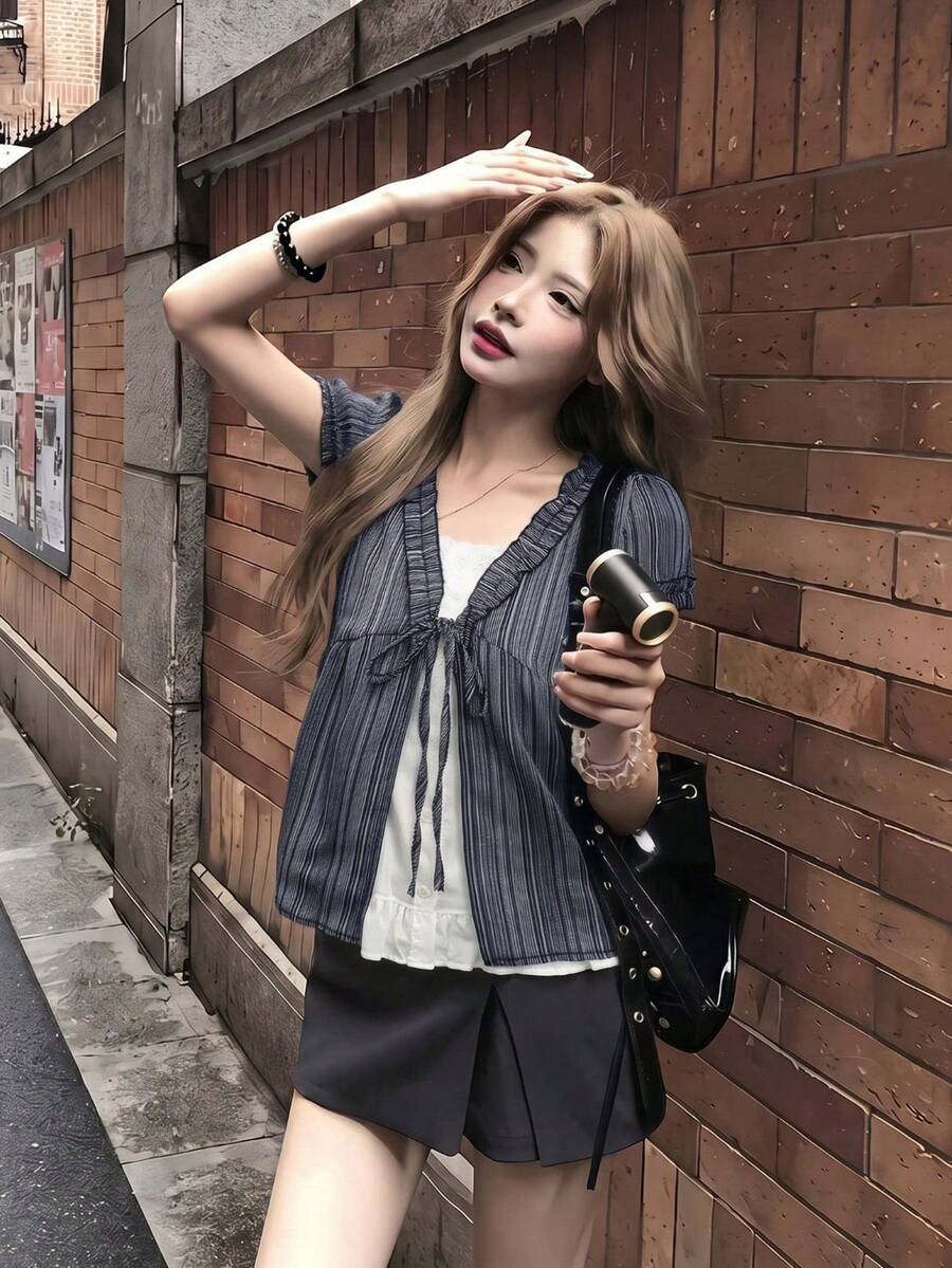 Blus Lengan Pendek Longgar Motif Garis Biru Segar dengan Detail Ikat Pinggang dan Fungsi 2 in 1 untuk Wanita, Warna Hitam Musim Panas - Hitam - View 1