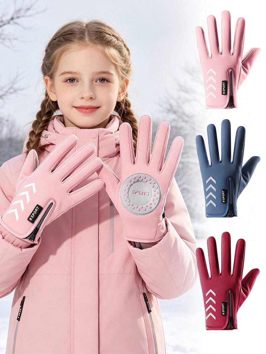 Kids Winter Thermal Gloves, Zipper Closure Anti‑Slip Palm Patch Reflective Arrow Print Touchscreen Gloves For Boys Girls Outdoor Cycling Running - Multicolor - View 1
