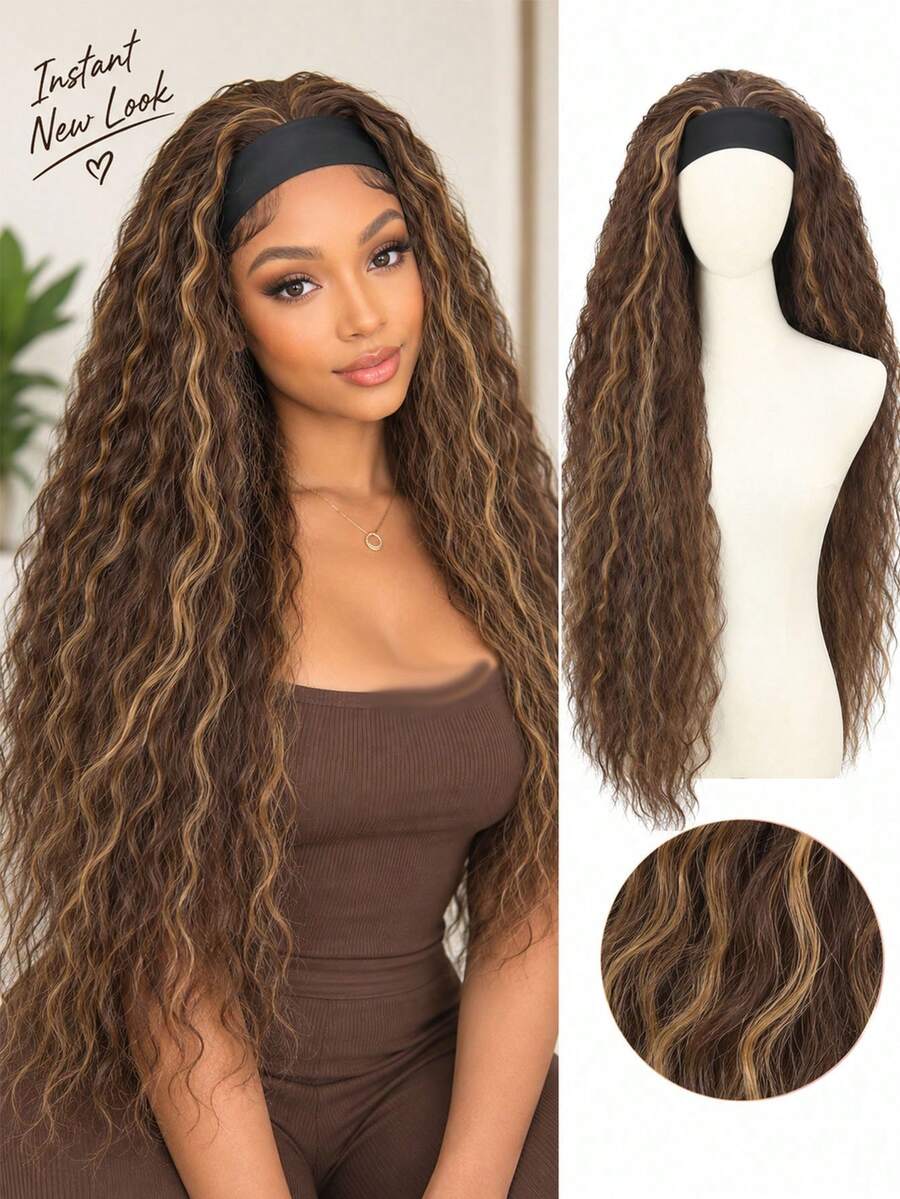 32 Inch Long Wavy Headband Wigs For Black Women, Synthetic Half Wig No Glue No Lace Front, Highlight Brown Heat Resistant Curly Hair For Daily Cosplay Party - Brown Highlight - View 1