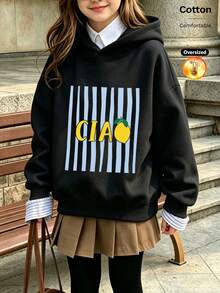 2026 Autumn/Winter Girls' Custom Loose Black Hoodie, Striped, Lemon And Letter Print, Casual Cartoon Style - Black - View 12