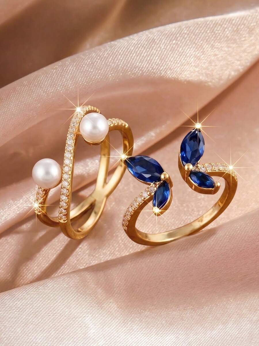 2pcs Fashion Cubic Zirconia Blue & Gold Butterfly Women's Decorative Adjustable Rings - Blue and Gold Set - View 1