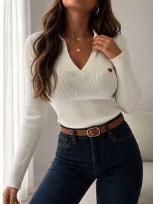 Women's Fashion Casual V-Neck Regular Shoulder Long Sleeve Heart Embroidery Pattern Premium Daily Commute Knit Top, All Seasons - White - View 4