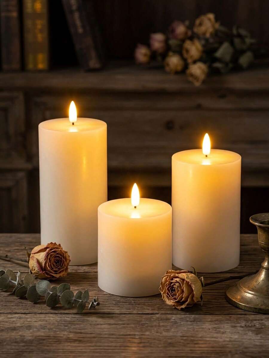 3pcs Flameless Pillar Candles, Battery Operated Candles, Holiday Romantic Atmosphere Decoration Lights, Smokeless Electronic LED Candles, Battery Operated - Suitable For Home, Holiday And Wedding Decoration - 3pcs Set