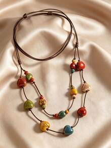 1pc Bohemian Style Colorful Heart Beaded Long Necklace, Brown Rope Layered Choker, Elegant Stackable Jewelry, Personalized Holiday Accessory, Suitable For Daily Wear, Party, Gift, Random Beaded Color - Multicolor - View 5